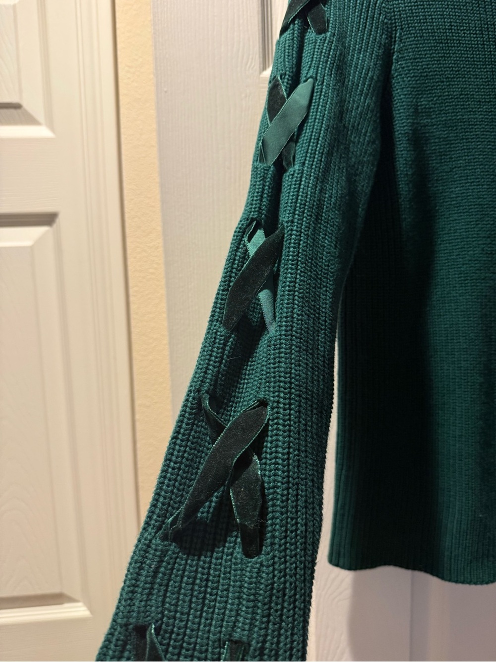 Lauren Ralph Lauren Dark Green Crewneck Sweater with Velvet Lace-Up Sleeve - Picture 3 of 5